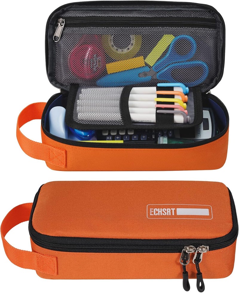 ECHSRT Pencil Case for Men Women, Large Pen Bag for Adults, Portable Pencil Pouch Aesthetic with Handle, Zipper Cases for Office Organizer Orange - Image 1